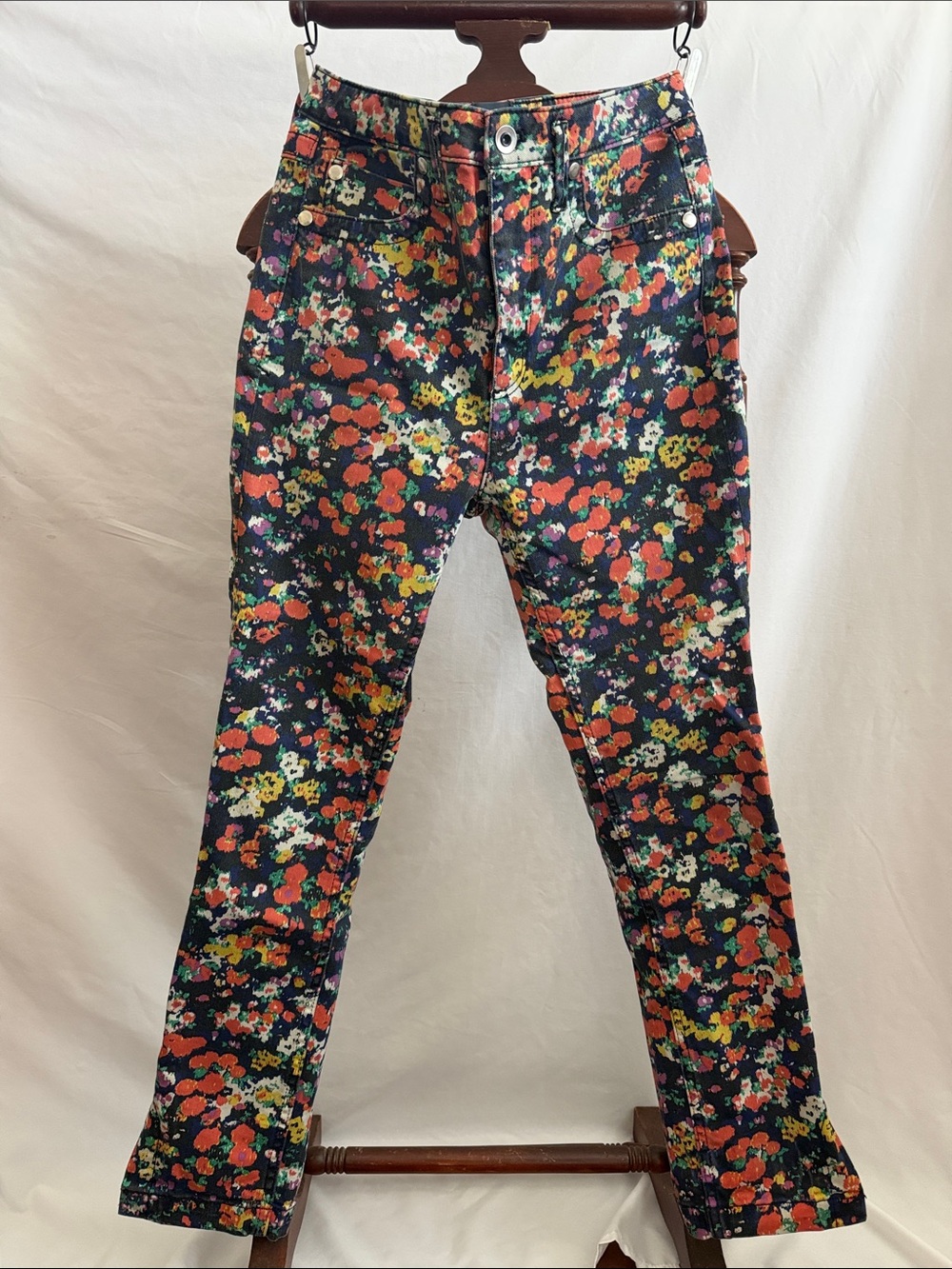 Anthropologie Navy Floral Skinny Jeans with Coral, Yellow & White Blooms